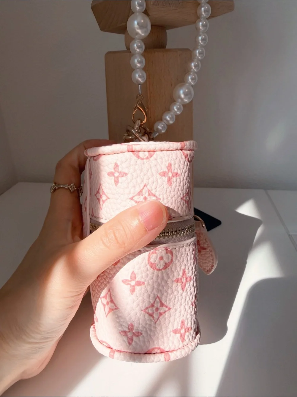 Pink Mini Cosmetic Pouch & Card Holder with Pearl Strap 🎀